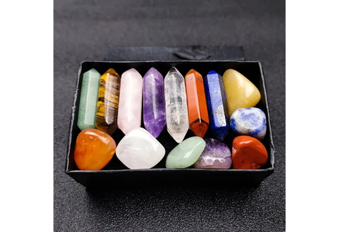 14pcs Pointed Quartz Stone, Chakra Stones Set, Hexagon Rose Quartz Gems For Gift Bedroom Decor, Unique Gift Box Design, Christmas Gift